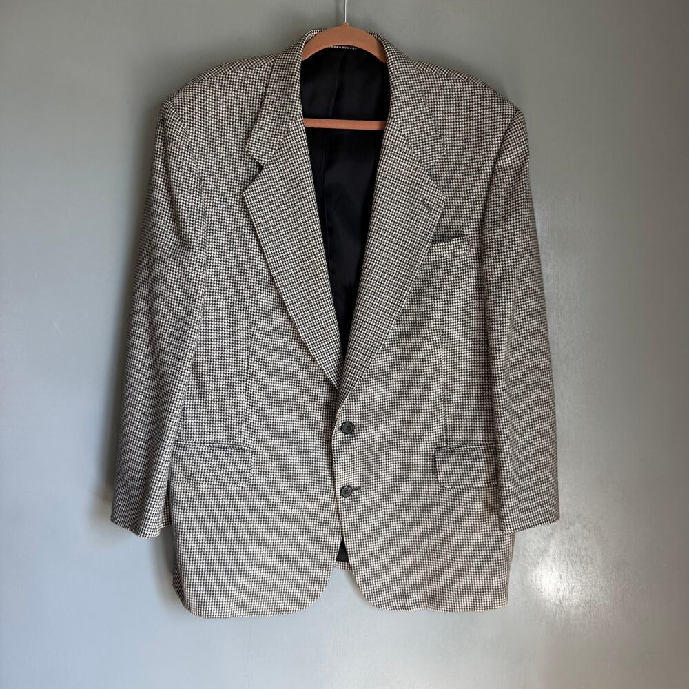 OSCAR DE LA RENTA Men's 44R Double Button Houndstooth B&W Wool Blazer Sportscoat